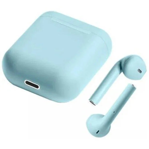 Auriculares inalámbricos color celeste con estuche de carga, gadgets en PesoCity