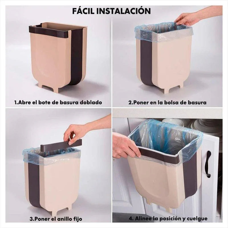 Instrucciones para instalar bote de basura plegable beige en cocina, PesoCity.